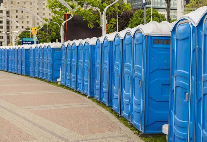 a line of portable restrooms set up for a wedding or special event, ensuring guests have access to comfortable and clean facilities throughout the duration of the celebration in Carrollwood, FL